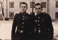 With his friend Volodymyr Reznikov at the school of sergeants. Poltava, 1962
