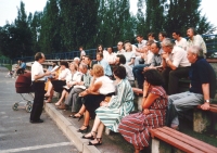 The constituent assembly of the Ukrainian Helsinki Union Kyiv branch, 1988. Olha Heiko is sitting in the front row with a baby carriage 
