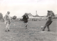 Milena Markusova's father at a football match with Emil Zátopek, 1965

