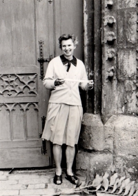 Marta Čermáková in front of the church - photo from her youth