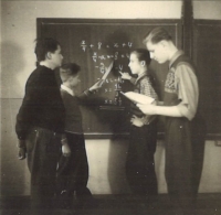 Alois Volkman (right) at school, 1950