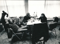 Petr Císařovský (second from the left) with Jim Čert (first from the left), Josef Skalník (second from the right) and Karel Haloun, studio Lucemburská Street 31, 1984