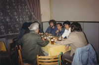 Petr Císařovský (in the back) with friends in Na Třemošná pub in Žižkov, about 1986