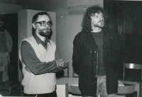 Petr Císařovský (right) at the opening of the exhibition in the Liberec Museum with curator Jan Mohr, 30 April 1991