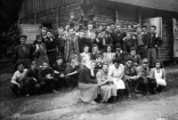 Vilibald Plaček second row second from the left at the forest temporary job in Jeseniky, Vrbno pod Pradědem 1953