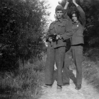 Vilibald Plaček on the right, fellow soldier Vojtěch Harnušek with a Model 52 submachine gun, basic military service, Prague 1957