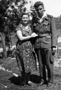 Vilibald Plaček during his military service with his mother Maria, Hať 1958