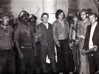 Vilibald Plaček second from the left, after shooting out of the Victory February Mine, colleagues in civilian clothes waited on the surface after the night shift and went together to celebrate the mining record, Ostrava in the 1970s