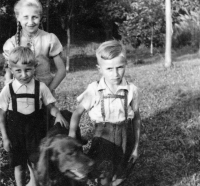 Vilibald Plaček on the right with his sister Anna and brother Karel, Hať 1944