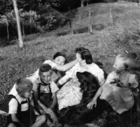 Vilibald Plaček second from the left, brother Karel, sister Anna. Mother Marie on the left, Hať 1944