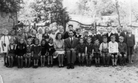 Vilibald Plaček, second from the right, school picture of the 4th class, head teacher Josef Sedlář, Hať 1946