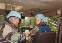 Dusan Kunčík (right) with a French colleague in a MAMBA vehicle after returning from a patrol in Abkhazia, UNOMIG mission, Georgia, 1999