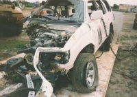 UNMEE mission military observers' Toyota 4 Runner after hitting a mine, Eritrea, 2002