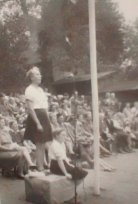 Paternal grandmother Olga Svobodová, chief of Sokol Zbraslav, rehearsing for the final convention reunion in 1948