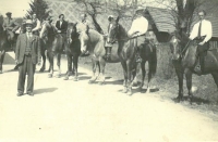 Blahomír, father of the witness on the left during a farmer ride, Prosečné, about 1952