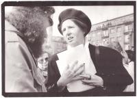 Jiřina Juláková (right) participated in protests against development at river Vltava - intention of Ekotransmoravia a.s. (Praha, April 1991, foto Dagmar Hochová )